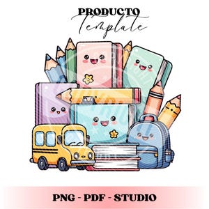 Kawaii School Supplies Clipart Bundle, PNG PDF STUDIO, Back to School Template, Cute Stationery Sublimation, Printable Kids Design