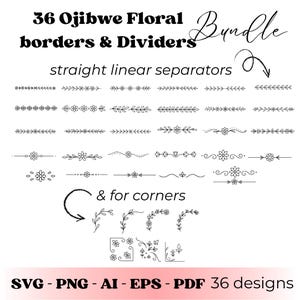 May include: A collection of 36 Ojibwe floral borders and dividers in black and white. The designs include straight linear separators and corner elements. The image also lists the file formats: SVG, PNG, AI, EPS, and PDF.