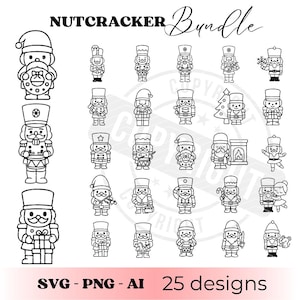 Puede incluir: Un conjunto de 25 diseños de cascanueces en blanco y negro en formatos SVG, PNG y AI. Las ilustraciones presentan varias figuras de cascanueces, cada una con detalles únicos, incluyendo sombreros, uniformes y accesorios. Las palabras "Nutcracker" y "Bundle" están escritas en la parte superior.