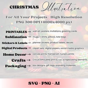 May include: A digital Christmas illustration with text. The image includes the words "CHRISTMAS Illustration" and lists various project types: printables, sublimation, stickers, digital products, home decor, crafts, and packaging. Formats include SVG, PNG, and AI.