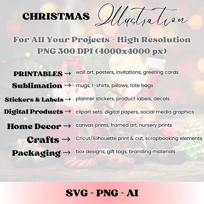 May include: A digital Christmas illustration with text. The image includes the words "CHRISTMAS Illustration" and lists various project types: printables, sublimation, stickers, digital products, home decor, crafts, and packaging. Formats include SVG, PNG, and AI.