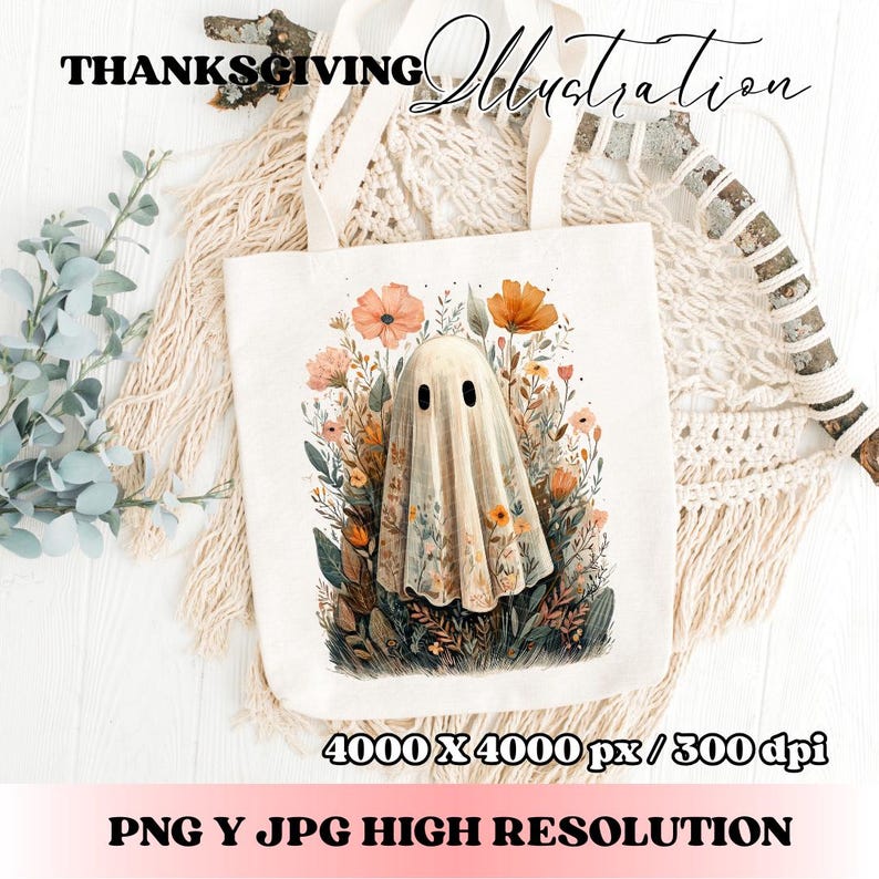 May include: A white tote bag featuring a watercolor illustration of a ghost surrounded by flowers in shades of orange, pink, and green. The words "Thanksgiving Illustration" are at the top. The bag has a beige handle.