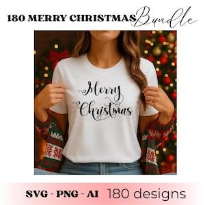 May include: White t-shirt with the words "Merry Christmas" in elegant script. The image also includes the text "180 Merry Christmas Bundle" and "SVG - PNG - AI 180 designs". The shirt is part of a Christmas-themed bundle.