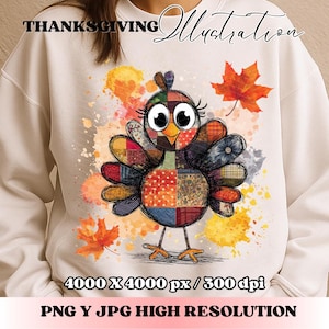 May include: White sweatshirt featuring a colorful patchwork turkey illustration with large eyes, orange feet, and a yellow beak. The design includes orange and yellow paint splatters and autumn leaves. Text at the top reads "THANKSGIVING Illustration".