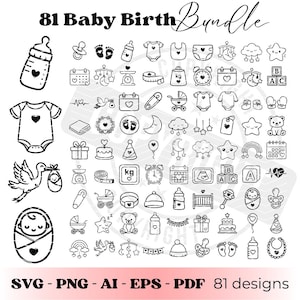 Può includere: Illustrazioni digitali in bianco e nero di articoli per bambini, tra cui biberon, tutine, ciucci e piedini di bambino. L'immagine include il testo "81 Baby Birth Bundle" e le informazioni sul tipo di file in basso.