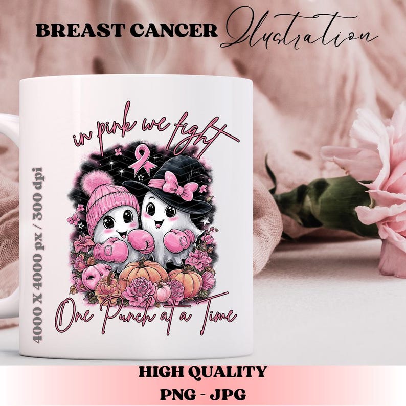 May include: White ceramic mug featuring a whimsical illustration with the text "in pink we fight" and "One Punch at a Time." The design includes two cartoon ghosts wearing pink boxing gloves and hats, surrounded by pink flowers and pumpkins. The words "Breast Cancer Illustration" are at the top.