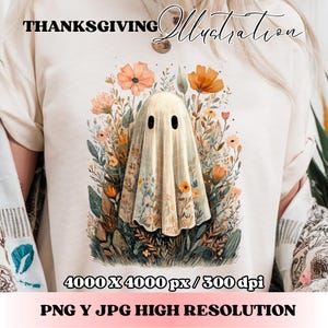 May include: Cream-colored t-shirt featuring a ghost illustration surrounded by flowers in shades of orange, yellow, and green. The text "THANKSGIVING Illustration" is at the top. The bottom text reads "4000 X 4000 px / 300 dpi" and "PNG Y JPG HIGH RESOLUTION".