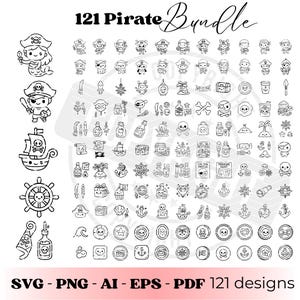 Puede incluir: Ilustraciones digitales en blanco y negro con temática pirata. La imagen presenta 121 diseños únicos, incluyendo piratas, barcos, cofres del tesoro y elementos náuticos. El texto en la parte superior dice "121 Pirate Bundle". Los formatos de archivo son SVG, PNG, AI, EPS y PDF.