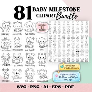 Può includere: Pacchetto di clipart di pietre miliari per bambini in bianco e nero con 81 disegni. Include simpatiche illustrazioni di animali per le pietre miliari del bambino, come "Posso camminare", "un mese" e "primo dente". Alta risoluzione, 4000px x 4000px, 300 dpi. SVG, PNG, AI, EPS e PDF.