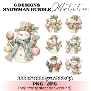 Watercolor Christmas Snowmen Clipart PNG – Vintage Holiday Snowman Art, Cute Retro Snowman Illustration Bundle, Festive Winter Character PNG