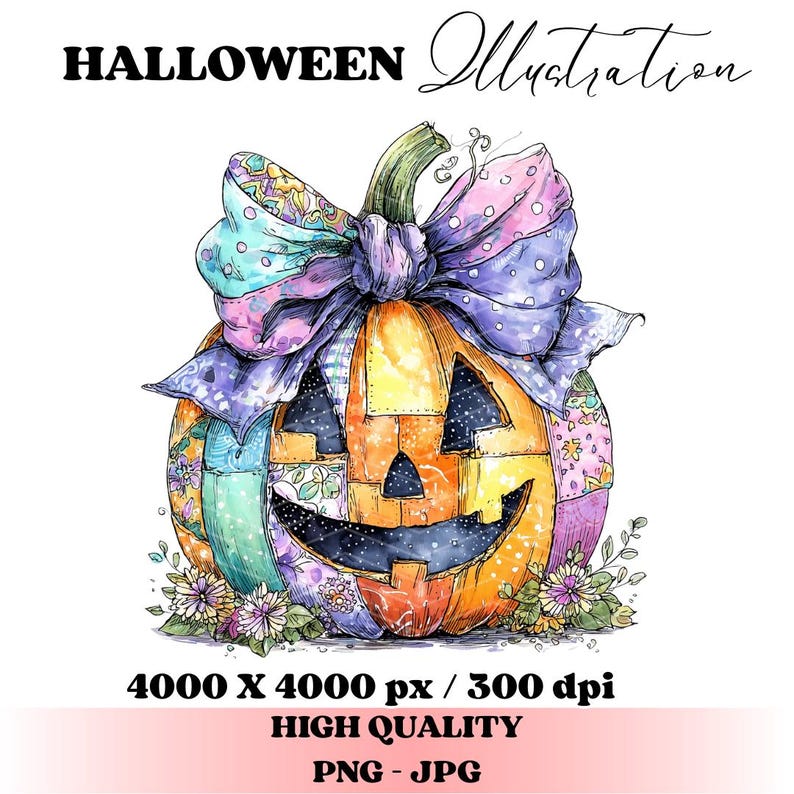 May include: A watercolor illustration of a Halloween pumpkin with a patchwork design and a large bow. The pumpkin is orange with a carved face, and the bow is a mix of purple, pink, and blue patterns. Text reads "HALLOWEEN Illustration".