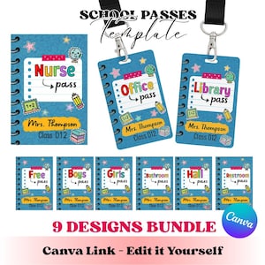 Może przedstawiać: Zestaw dziewięciu szablonów przepustek szkolnych z różnymi wzorami, w tym "Pielęgniarka", "Biuro" i "Biblioteka". Każda przepustka ma niebieskie tło z krawędziami w stylu notatnika, elementy dekoracyjne i tekst "Mrs. Thompson, Klasa D12."