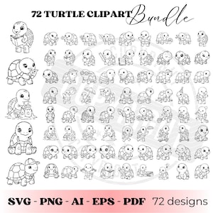 Op de afbeelding: Een verzameling van 72 zwart-wit schildpad clipart ontwerpen. De schildpadden worden afgebeeld in verschillende poses en activiteiten, zoals lezen en spelen. De tekst "72 TURTLE CLIPART Bundle" staat bovenaan, met bestandstype opties onderaan.