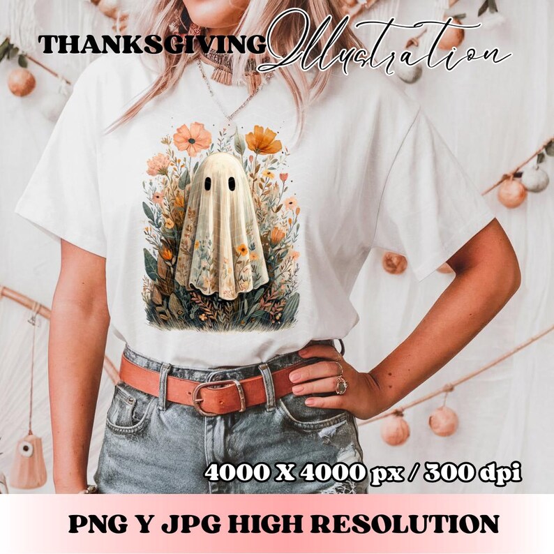 May include: White t-shirt featuring a ghost illustration surrounded by flowers. The ghost has black eyes and is draped in a floral patterned sheet. The words "Thanksgiving Illustration" are at the top of the image.