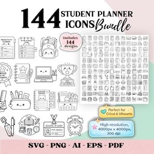 May include: A black and white student planner icons bundle with 144 designs. The image includes icons of a backpack, laptop, pencil case, trophy, alarm clock, and school ID card. The text includes "Student Planner Icons Bundle" and "Perfect for Cricut & Silhouette."