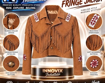 May include: A tan suede jacket featuring long fringe detailing across the chest and shoulders, a classic collar, and two front buttons. The jacket includes white and red beaded embroidery on the shoulders and sleeves, with the text Innovix Industries.