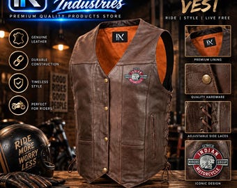 May include: A brown leather vest featuring a V-neckline, four front metal snap buttons, and side lace-up detailing. The chest displays an Indian Motorcycle patch, while the interior is lined with orange fabric and an Innovix Industries label.