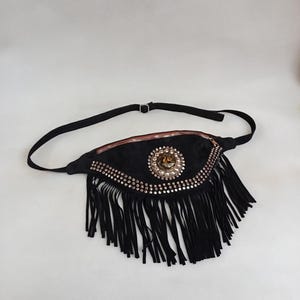 Marsupio in pelle scamosciata, borsa con frange in pelle borchiata, borsa portagioielli in vera pelle
