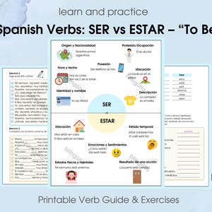 Puede incluir: Una guía imprimible de verbos españoles que compara "SER" y "ESTAR", con ejercicios. La guía incluye ejemplos de uso, con ejercicios para practicar. El diseño es sobre un fondo azul claro con ilustraciones y texto coloridos.