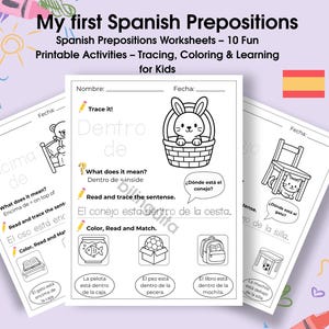 My First Spanish Prepositions | Spanish Prepositions for Kids & Fun Learning Printable Worksheets PDF Coloring, Tracing, Matching Activities