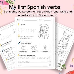 Peut inclure: Feuilles de travail imprimables sur les verbes espagnols pour enfants. Les feuilles de travail comportent le texte "My first Spanish verbs" et comprennent des exercices pour lire, écrire et comprendre les verbes espagnols de base. Les pages ont des illustrations et des activités à compléter.