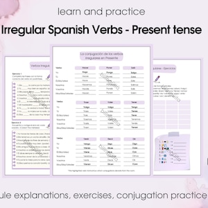 May include: A digital educational resource for learning Spanish. The image shows worksheets with verb conjugations and exercises for irregular Spanish verbs in the present tense. The text includes "learn and practice" and "Irregular Spanish Verbs - Present tense."