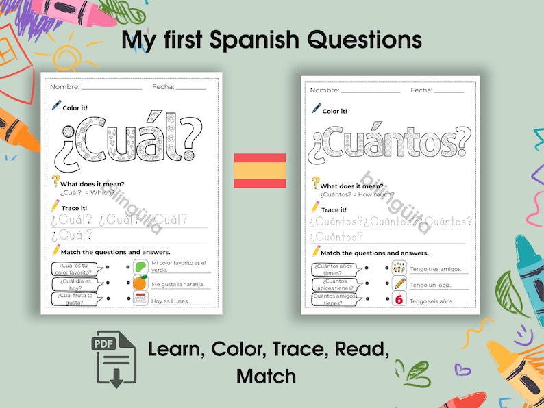 Spanish Question Words Printable: Color, Trace & Match Worksheets (PDF ...