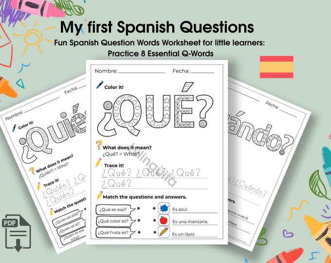 Spanish Question Words Printable: Color, Trace & Match Worksheets (PDF ...