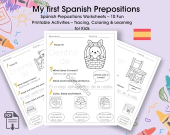 Pacote de Aprendizagem de Preposições em Espanhol: Atividades de Colorir e Traçar para Crianças (Folhas de Exercícios em PDF para Imprimir)