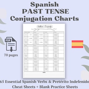 May include: A printable PDF chart for Spanish past tense conjugation. The chart includes the text "Hablar - To speak" and is designed for learning Spanish verbs. The image also includes a PDF icon and the text "70 pages".