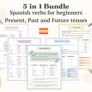 Spaanse werkwoordstijden grammaticabundel pdf | 5-in-1 afdrukbare werkbladen voor beginners | 34 pagina's | Vervoeging van heden, verleden en toekomst