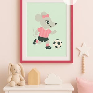 Póster infantil de ratón de fútbol, diseño de habitación infantil, decoración de guardería, habitación infantil, ratón de fútbol, fútbol.