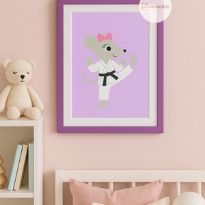 Póster infantil de niña, ratón, karate, diseño de habitación infantil, decoración, habitación infantil, ratón, artes marciales, niña