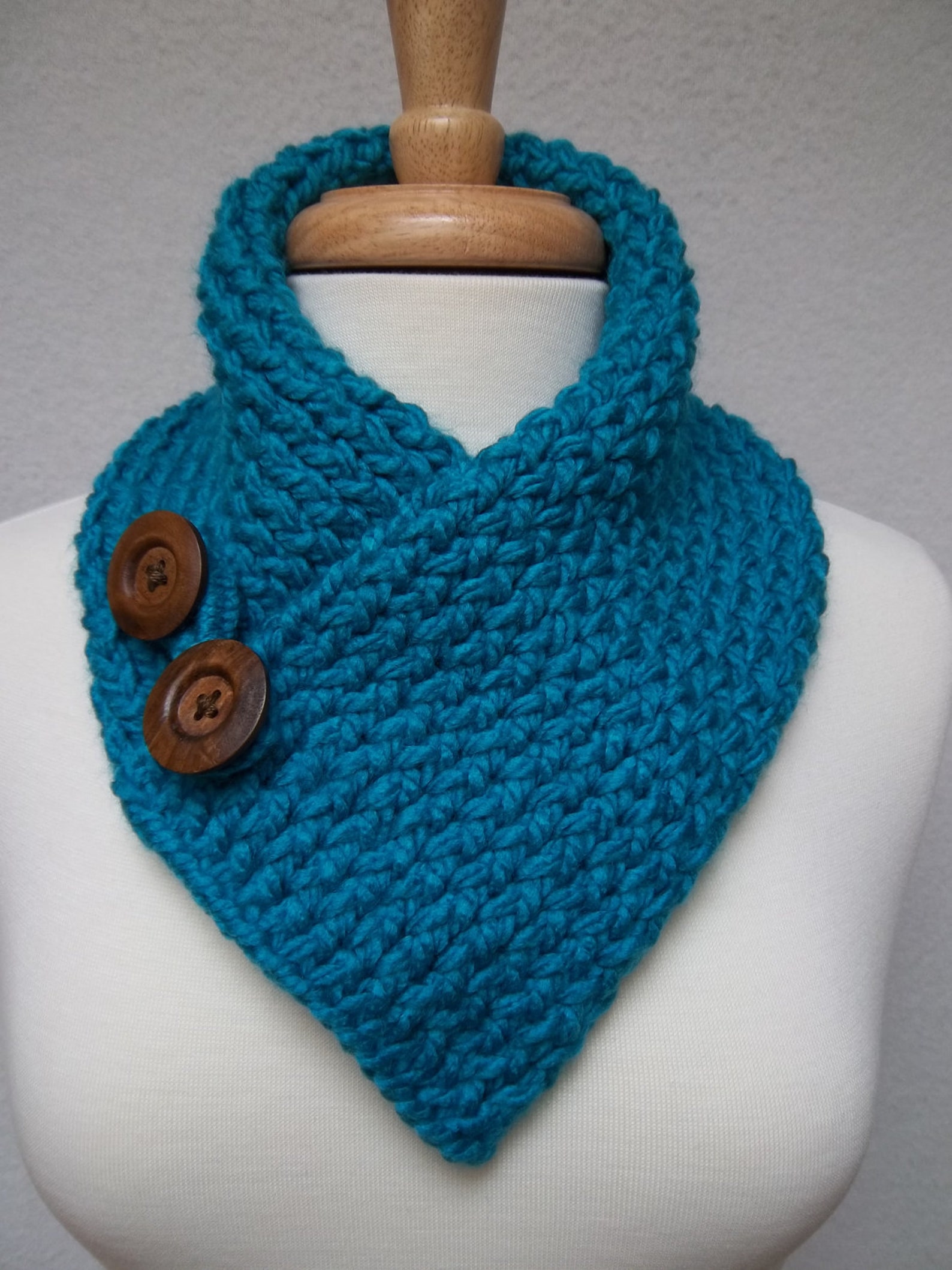 Scarf Knitted Turquoise Cowl Neck Warmer Buttoned Ski Etsy
