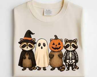 Halloween Raccoon Trio PNG – Witch, Ghost & Pumpkin (Digital Download)