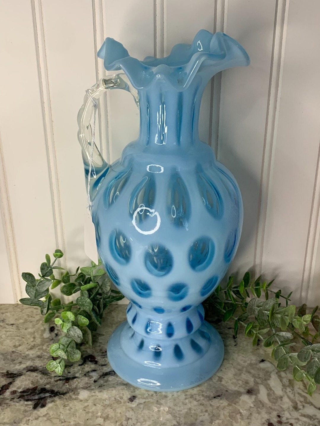 Fenton Coin Dot Blue Opalescent Large Handled Vase or Ewer Vintage RARE ...
