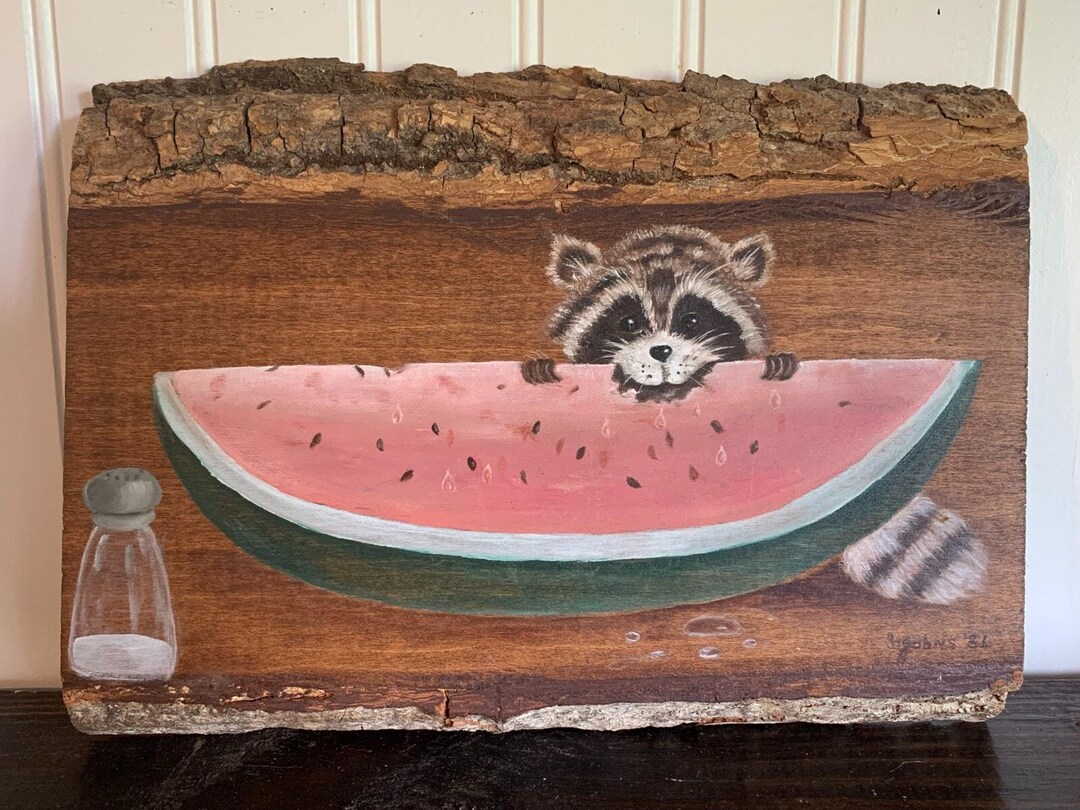 Hand-painted Raccoon & Watermelon Wood Wall Decor - Acrylic Art - Etsy