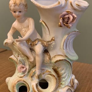 Vase Cherub Hand painted in Japan Gold Accents and Pink Roses