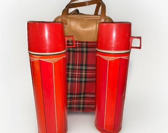 Vtg Thermos King Seely Picnic Bag w 2 Matching RETRO Thermoses 70s Tartan Plaid