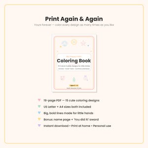 May include: A digital coloring book titled My Happy Little Coloring Book with 15 designs for ages 3-8. The cover features pastel icons like a rainbow, sun, star, animal face, ice cream, and rabbit. Includes 19-page PDF in US Letter and A4 sizes.