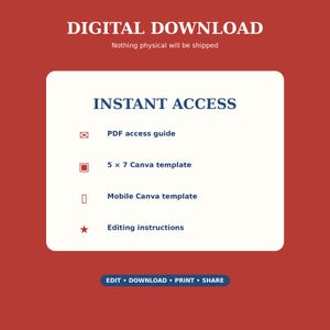 May include: A digital download graphic on a red background with white text reading DIGITAL DOWNLOAD and Nothing physical will be shipped. A white box contains the text INSTANT ACCESS, a PDF access guide, a 5 x 7 Canva template, a mobile Canva template, and editing instructions. A blue button reads EDIT &bull; DOWNLOAD &bull; PRINT &bull; SHARE.