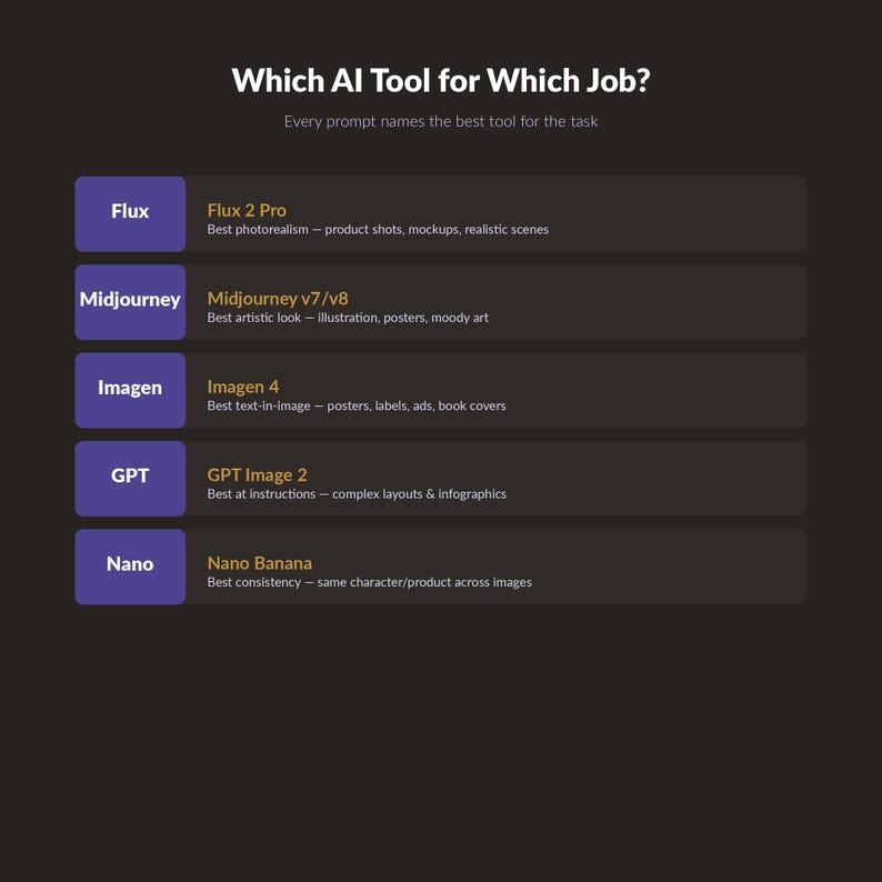 May include: A dark grey infographic titled Which AI Tool for Which Job? listing five AI tools: Flux 2 Pro for photorealism, Midjourney v7/v8 for artistic looks, Imagen 4 for text-in-image, GPT Image 2 for instructions, and Nano Banana for consistency.