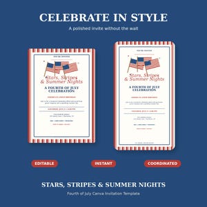 May include: Two rectangular Fourth of July invitation templates with red, white, and blue borders. The text reads: CELEBRATE IN STYLE, Stars, Stripes & Summer Nights, A FOURTH OF JULY CELEBRATION, AMERICA'S 250TH BIRTHDAY, and other event details.
