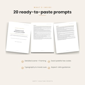 Puede incluir: Tres p&aacute;ginas blancas con texto negro titulado Lifestyle & Couple Photography Prompts, con el encabezado What's Inside 20 ready-to-paste prompts. Debajo hay cuatro puntos: Detailed scene + framing, Exact palette hex codes, Typography & mood cues y Aspect-ratio guidance. Arpit Gautam Prints aparece en la parte inferior.