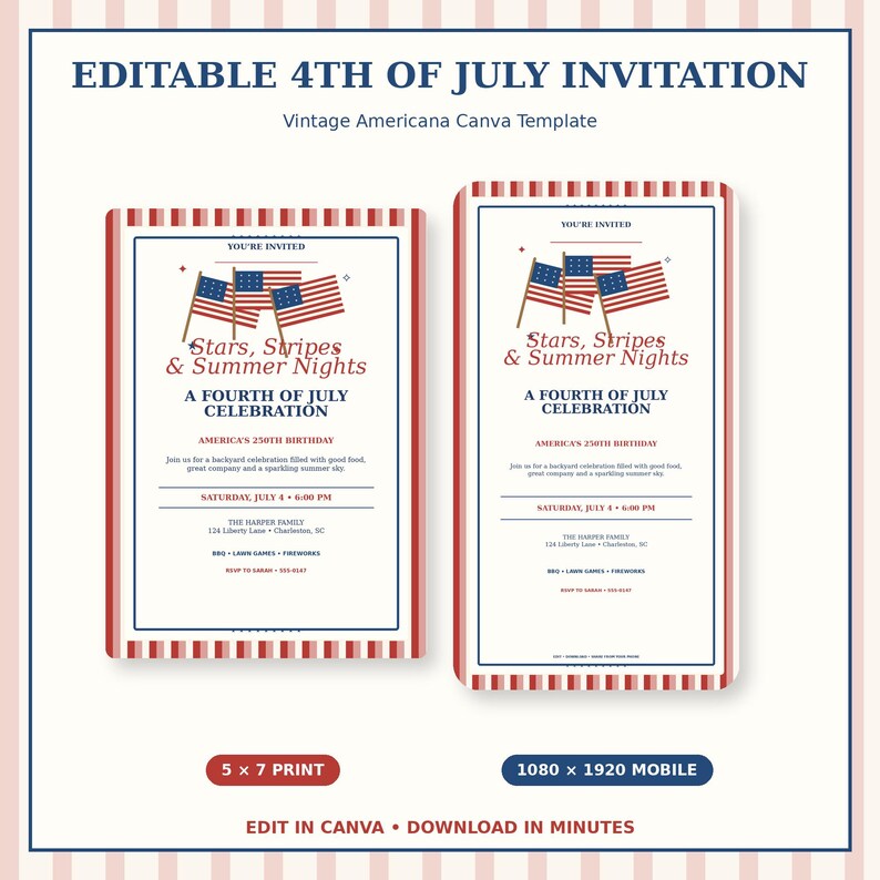 May include: An editable 4th of July invitation template featuring red, white, and blue American flag graphics. The text reads Stars, Stripes & Summer Nights, A Fourth of July Celebration, and America's 250th Birthday, with placeholders for event details.