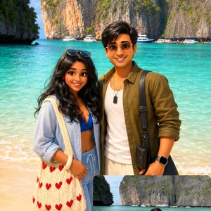 May include: Two individuals stand on a sandy beach with turquoise water and limestone cliffs in the background. One wears a blue bikini top, light blue shirt, and matching pants with a cream crochet bag featuring red hearts. The other wears a white shirt, olive green overshirt, and light pants.