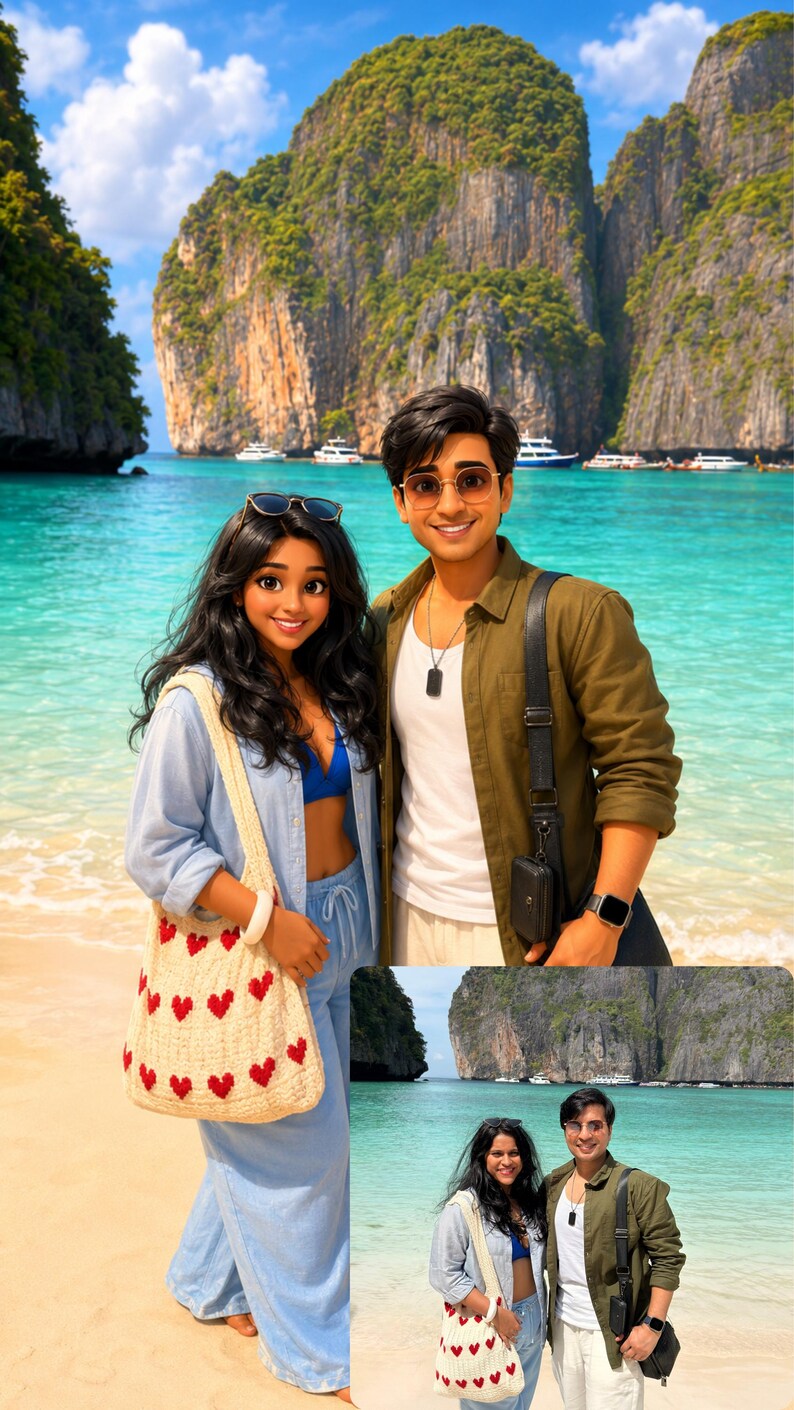 May include: Two individuals stand on a sandy beach with turquoise water and limestone cliffs in the background. One wears a blue bikini top, light blue shirt, and matching pants with a cream crochet bag featuring red hearts. The other wears a white shirt, olive green overshirt, and light pants.
