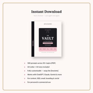 May include: A digital product listing titled The Vault, The Ultimate Prompt Pack, featuring 500 curated prompts across 50 plus topics. The document includes US Letter and A4 sizes, is fully customizable, works with AI platforms, and is for content, SEO, email, branding, and social use.