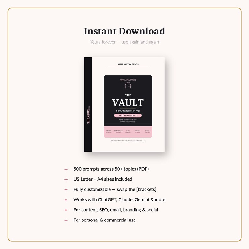May include: A digital product listing titled The Vault, The Ultimate Prompt Pack, featuring 500 curated prompts across 50 plus topics. The document includes US Letter and A4 sizes, is fully customizable, works with AI platforms, and is for content, SEO, email, branding, and social use.