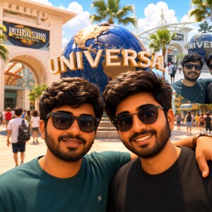 May include: Two individuals with dark hair and beards wearing dark-rimmed sunglasses, one in a dark green t-shirt and the other in a black t-shirt, standing in front of the Universal Studios Singapore globe sculpture with a circular inset photo.